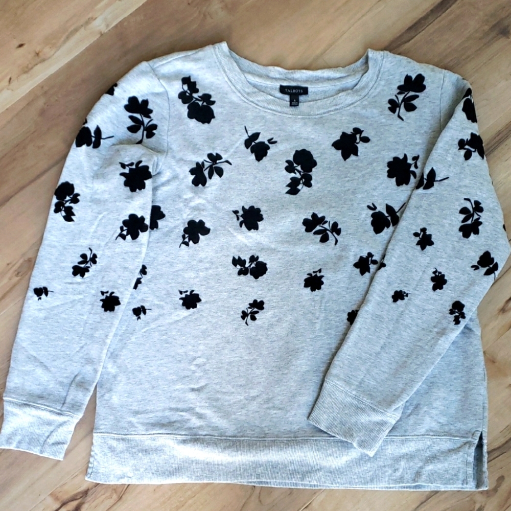 Talbots Gray With Black Floral Women's Long Sleeve Crewneck Sweatshirt Sz S